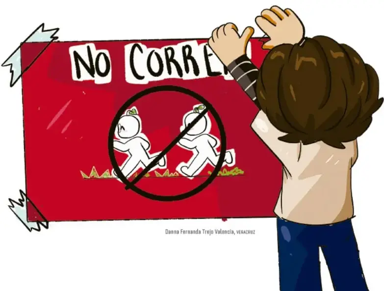 Ilustración de un estudiante de espaldas colocando un cartel rojo con la frase "NO CORRER" y un símbolo de prohibición sobre dos figuras que corren.