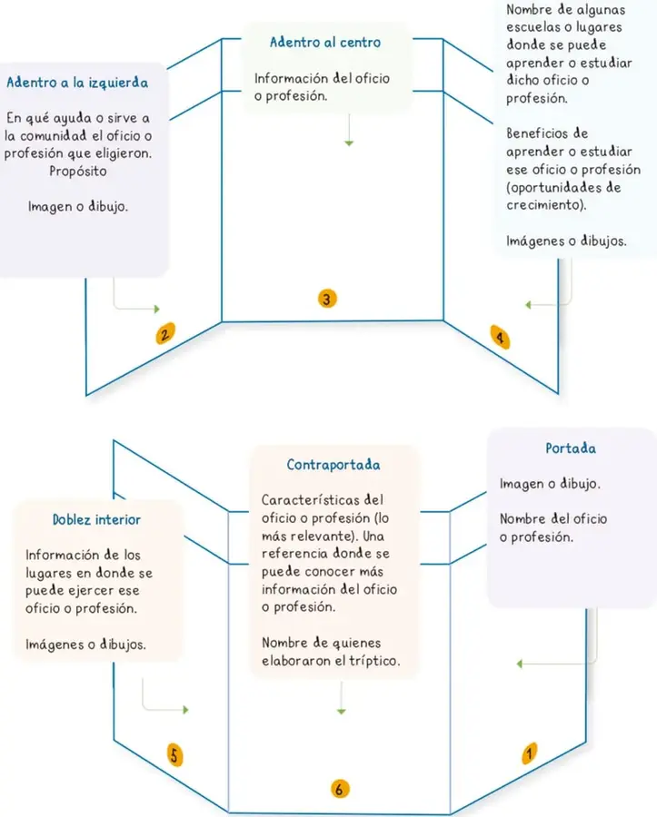 Esquema de un tríptico desplegado con seis secciones numeradas del 1 al 6, cada una con un cuadro de texto que indica la información que debe contener.