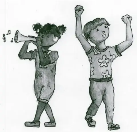 Ilustración en blanco y negro de dos niñas o niños: uno toca un instrumento de viento y otro levanta los brazos con alegría.