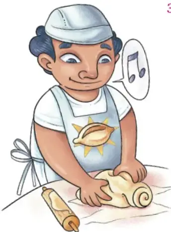 Ilustración de un panadero amasando con un rodillo y una hogaza, con nota musical.