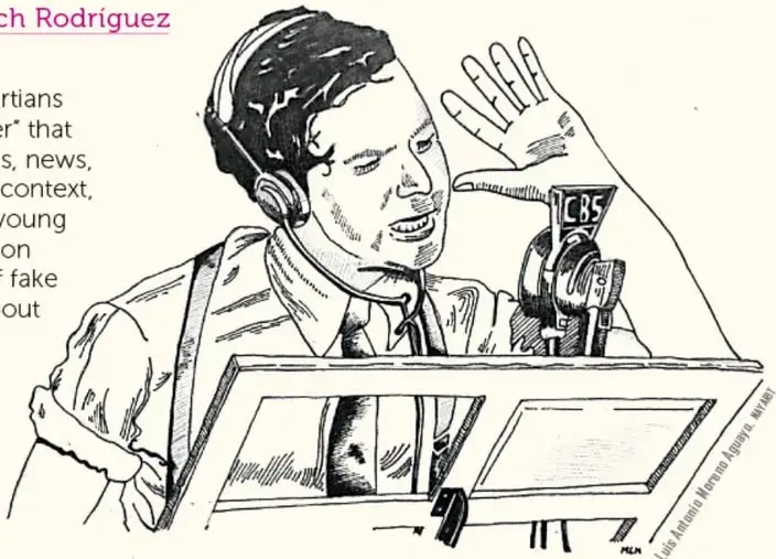 Ilustración de un locutor con audífonos frente a un micrófono con el logo CBS, gesticulando.