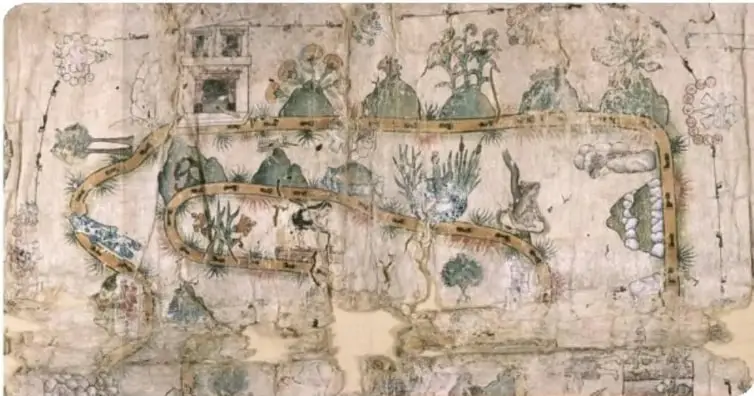 Mapa colonial del poblado indígena de Cuauhtinchan, en el actual estado de Puebla. Se observan caminos, tierras, plantas y construcciones.