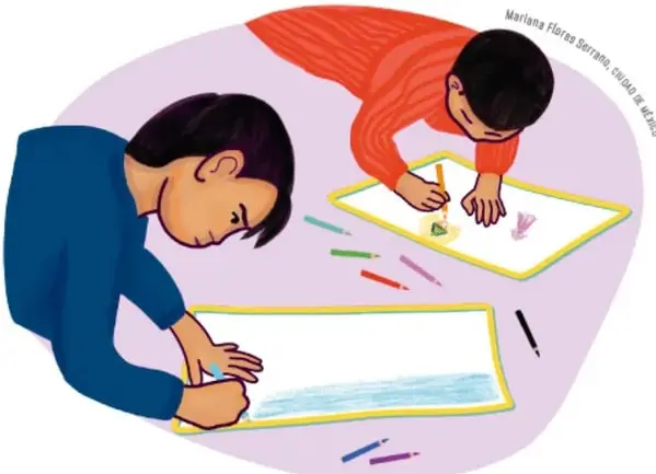 Ilustración de dos estudiantes dibujando sobre hojas blancas con crayones; uno viste suéter azul y el otro rojo. Alrededor hay crayones de colores. Crédito: Mariana Flores Serrano.