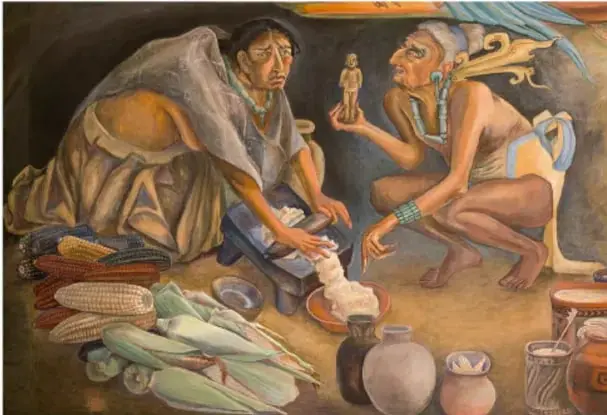 Pintura 'El venerable abuelo del maíz' (detalle), 1996, de Rina Lazo: dos figuras indígenas junto a mazorcas de maíz, vasijas de barro y una pequeña escultura.