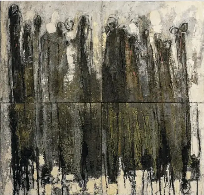 Obra 'Aún en las noches más largas' (2011): cuatro paneles cuadrados con figuras humanas verticales y oscuras, con goteos sobre fondo claro.
