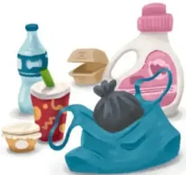 Ilustración de envases plásticos: botella, vaso con popote, contenedor, bolsa y detergente, junto a una bolsa de basura azul