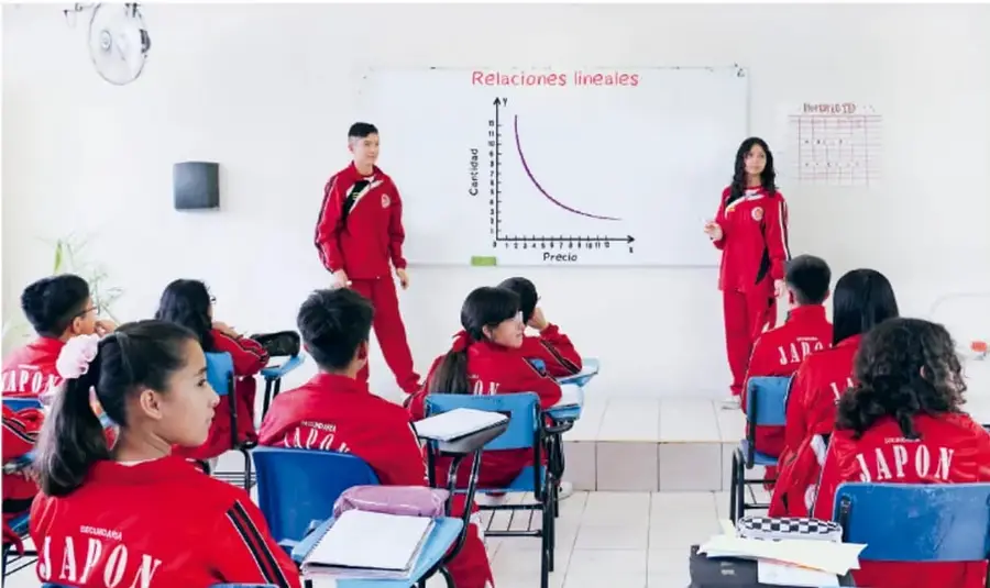 Fotografía de un salón de secundaria donde dos estudiantes de uniforme rojo exponen frente a un pizarrón con el título 'Relaciones lineales' y una gráfica de cantidad contra precio con curva decreciente; el resto del grupo observa sentado en sus sillas.