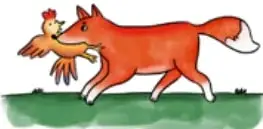 Ilustración de un zorro rojo que lleva una gallina en el hocico, caminando sobre pasto verde.