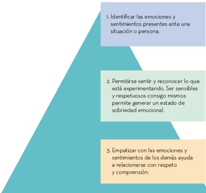 Pirámide con tres rectángulos numerados que enuncian los tres pasos para cuidar la salud emocional: identificar emociones, permitirse sentirlas y empatizar.