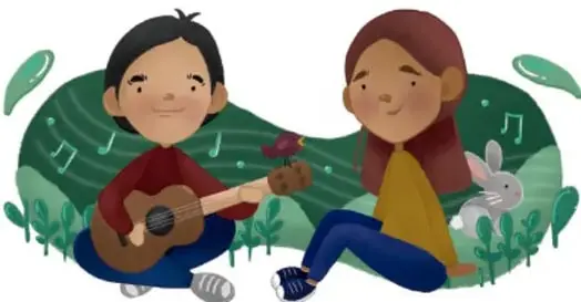 Ilustración de un niño tocando guitarra y una niña sentada, con notas musicales y un conejo, representando la creación musical.