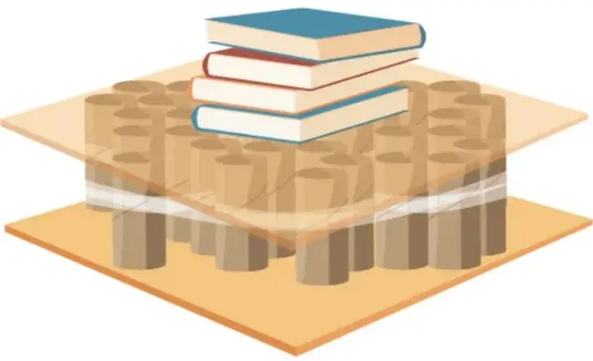 Ilustración de un panal formado por tubos de cartón entre dos placas de cartón, con cuatro libros apilados encima; los tubos están parcialmente translúcidos para mostrar la estructura.