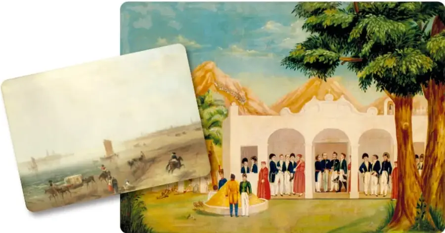 Pintura histórica que muestra a un grupo de personajes en un patio con arcos, probablemente la rendición o negociación en San Juan de Ulúa; a la izquierda, una imagen superpuesta de un paisaje costero con caballos y figuras.