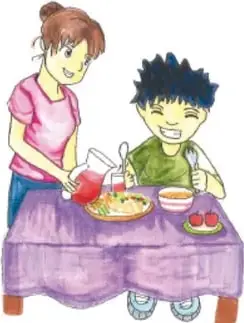 Tres viñetas: la mamá y Emiliano comiendo en la mesa con comida saludable; Emiliano algo serio frente a un platillo de verduras con un frasco marcado H2O; y la mamá abrazando a Emiliano junto a una alcancía de jabalí sobre la mesa.