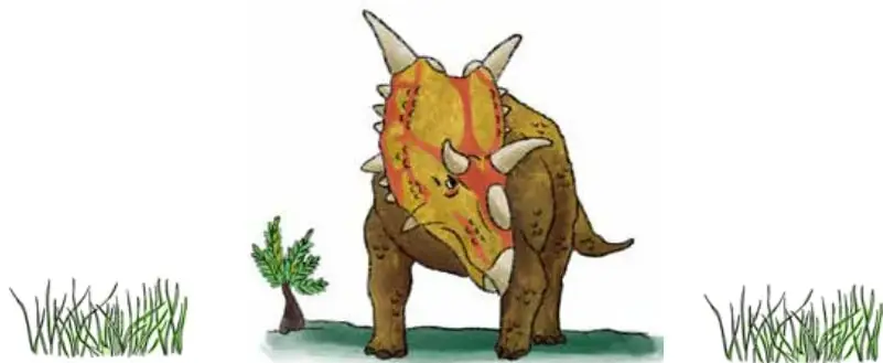 Ilustración de un dinosaurio con cuernos y placas similar a un triceratops, de pie sobre pasto verde, junto a un pequeño árbol y matas de hierba.
