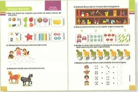 Vista de una evaluación diagnóstica del libro con actividades ilustradas de conteo, asociación y reconocimiento de cantidades.