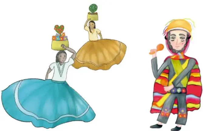 Ilustración de tres personajes: dos mujeres con faldas amplias (una azul y otra amarilla) que cargan canastas con flores y frutas sobre la cabeza, y un hombre con traje típico rojo, amarillo y verde que sostiene un sonajero. Representan la diversidad cultural y las tradiciones de una comunidad mexicana.