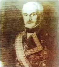 Retrato del general Melchor Aymerich, identificado como el último presidente de la Real Audiencia de Quito. El texto indica que su gobierno culminó tras la batalla de Pichincha en 1822.