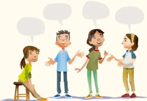 Ilustración de cuatro estudiantes conversando con globos de diálogo, uno sentado en un banco.