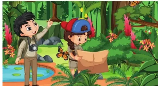 Dos niños exploradores en la selva con cámara y mapa entre flores y mariposas.