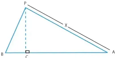 Triángulo $PAB$ con altura perpendicular $PC$ a la base $BA$, donde se indican $PB=10\,\text{cm}$, $AB=13\,\text{cm}$ y $BC=4\,\text{cm}$.