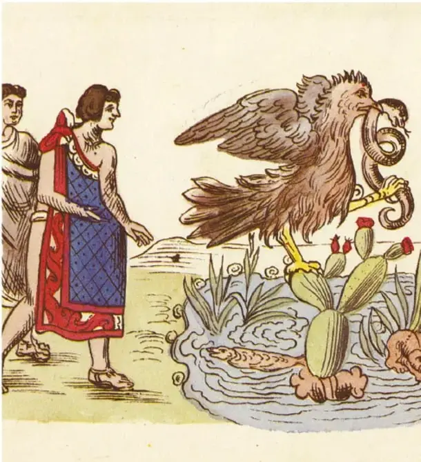 Ilustración al estilo de códice: dos mexicas caminan hacia un islote donde un águila devora una serpiente parada sobre un nopal con tunas rojas, en medio del lago.