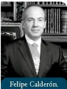 Retrato de Felipe Calderón con su nombre en una etiqueta azul.