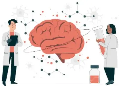 Ilustración de un cerebro humano con redes neuronales y dos científicos, uno con tableta y otra con tubo de ensayo.