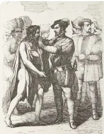 Litografía donde Hernán Cortés recibe a Jerónimo de Aguilar.