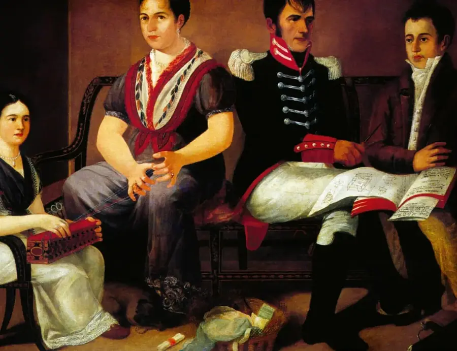 Óleo sobre tela de 1814: el capitán Pedro Marcos Gutiérrez con uniforme militar y su esposa Rafaela Belaunzarán tejiendo, acompañados de sus hijos María Ventura y José Miguel; ilustra la vida familiar durante la guerra de Independencia.