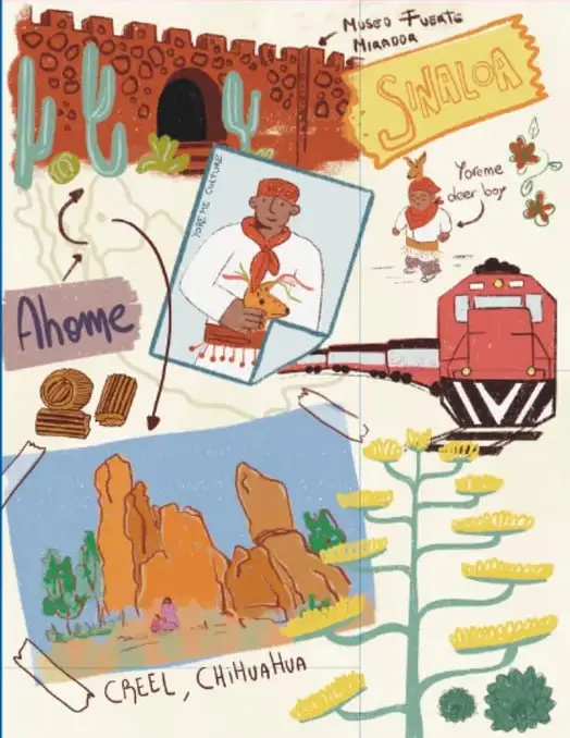 Ilustración con un fuerte, un cartel de Sinaloa, un personaje con vestimenta tradicional, un tren, paisaje desértico con formaciones rocosas, mazorcas de maíz y la leyenda 'CREEL, CHIHUAHUA'.