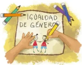 Ilustración de manos sosteniendo un cartel con el texto 'IGUALDAD DE GÉNERO' y dos figuras infantiles tomadas de la mano.