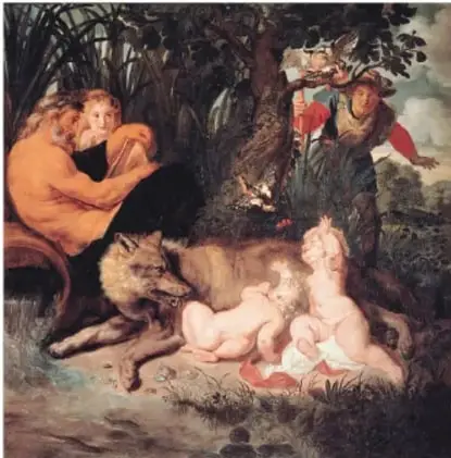Pintura que representa la loba amamantando a Rómulo y Remo, con figuras humanas alrededor en un paisaje boscoso.