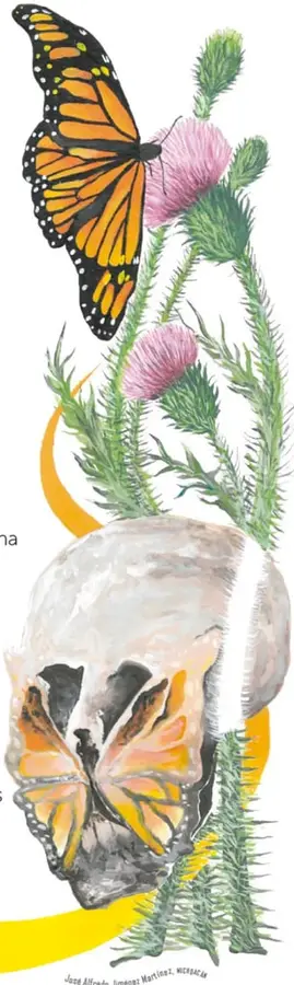 Ilustración en acuarela de una mariposa monarca con alas naranjas y negras posada sobre una flor de cardo morada, rodeada de tallos verdes espinosos.