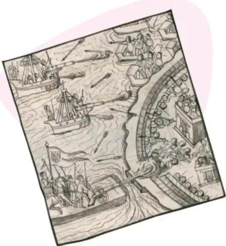 Grabado antiguo que muestra la batalla por Tenochtitlan en el lago de Texcoco: bergantines españoles frente a canoas mexicas.