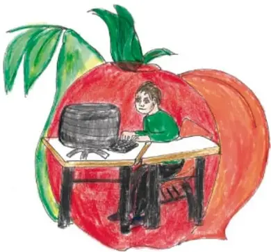 Ilustración de un niño sentado frente a una computadora dentro de la silueta de una manzana, con hojas verdes; crédito a Abdón Pinedo García, Zacatecas.
