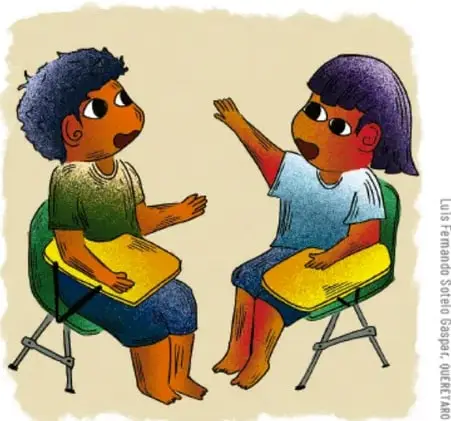 Ilustración de dos niñas sentadas en sillas, una con un cuaderno amarillo, dialogando y levantando la mano; representan la asamblea y el intercambio de ideas sobre emociones. Crédito: Luis Fernando Sánchez Gaspar, QUERETARO.