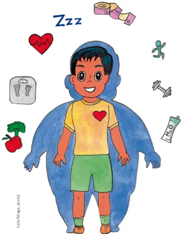 Ilustración de un niño con sobrepeso rodeado de íconos de salud: corazón con electro, balanza, mancuerna, persona corriendo, fruta, botella de agua, cinta métrica y 'Zzz' de sueño. Firma: Lola Peláez, JALISA.