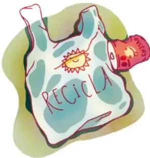 Ilustración de un tacho de basura desbordado con bolsas, una caja de pizza y residuos en la calle.