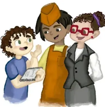 Ilustración de tres personas: un niño con playera azul, una mujer con delantal naranja y una mujer con lentes y saco gris, sosteniendo una libreta. Al pie dice: Daniela Estrello Montero y Citlali González Tapia, Ciudad de México.