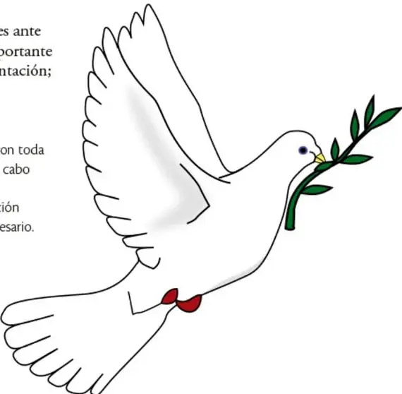 Ilustración de una paloma blanca en vuelo que lleva en el pico una rama de olivo verde, símbolo de paz.