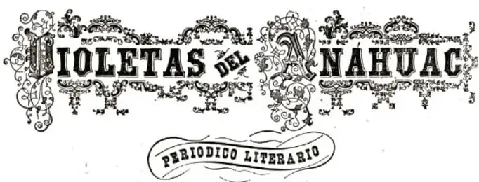 Reproducción de la portada grabada de la revista Violetas del Anáhuac con cabecera ornamental, datos editoriales en recuadros y retrato ovalado de Fanny Natali de Testa rodeado de flores, un libro abierto y una lira.