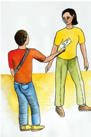 Ilustración en acuarela: un joven de camiseta naranja con morral entrega un tríptico a una mujer de camiseta amarilla y pantalón verde. Crédito: Miguel Ángel Luna Vargas, Morelos.