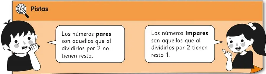 Sección 'Pistas' con dos niños que explican qué son los números pares e impares.