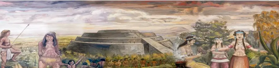Mural que muestra a antiguos pobladores, una pirámide y la erupción del volcán Xitle con humo y lava.