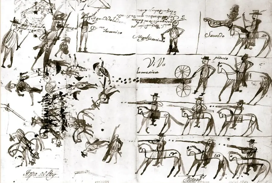 Grabado tinta sobre papel, anónimo, c. 1812: 'Batalla entre insurgentes y realistas'. Escenas de combate con caballería, fusileros, piezas de artillería, jinetes caídos y leyendas a mano (Viva la México, nombres de jefes como Saavedra, Pitillo). Procede del Archivo General de la Nación, registro núm. 382.