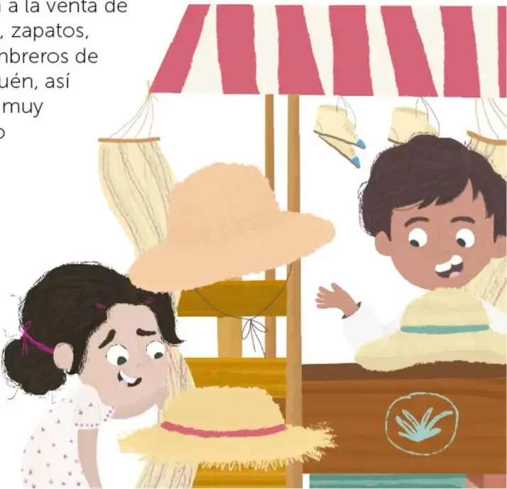 Ilustración del puesto de artesanías con toldo rojo y blanco, hamacas, sombreros de paja y los niños Yolanda y Zamná platicando; crédito del ilustrador: Cristian Rafael Sánchez Domínguez.