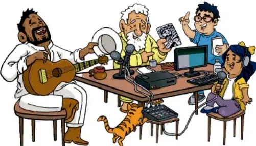 Ilustración de cuatro personas grabando un programa: un hombre con guitarra, un señor con micrófono, un joven con computadora y una niña con audífonos y micrófono; junto a ellos un gato atado a un equipo de sonido. Crédito: Israel Campos de León, CIMAC.