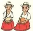 Dos mujeres con vestimenta tradicional que tejen con fibra vegetal.