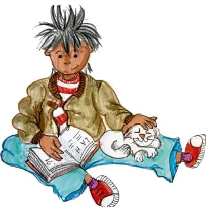 Ilustración de una niña sentada leyendo un libro con un gato dormido en su regazo, obra de Claudia Lucía Bautista Parra, IALisco.