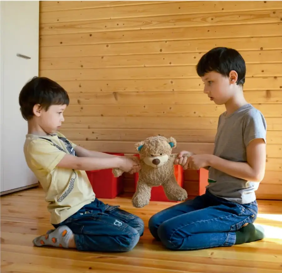 Fotografía de dos niños arrodillados en un cuarto de madera que jalan cada uno un brazo del mismo osito de peluche, representando un conflicto por un juguete.